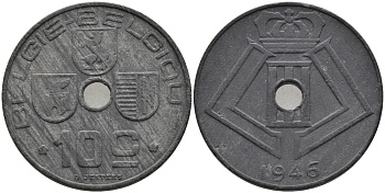 БЕЛЬГИЯ 10 САНТИМОВ 1946 BELGIE-BELGIQUE, ГЕРМАНСКАЯ ОККУПАЦИЯ, ВТОРАЯ МИРОВАЯ ВОЙНА KM 126 цинк 3334-336