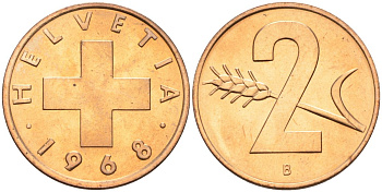 Швейцария 2 раппена 1968 В KM 47 бронза UNC 4566-232