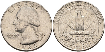 США 25 центов = квотер 1983 P, Вашингтон KM A164a медь плакированная медно-никелем 4584-1146