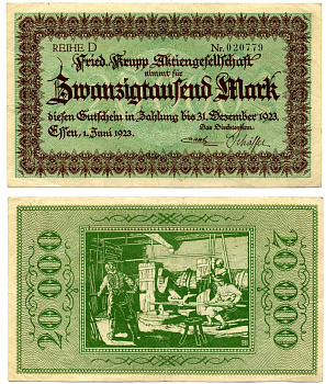 Эссен 20000 марок 1923 1 июня 1923 - 31 декабря 1923, нотгельд, земля Северный Рейн-Вестфалия, НОМЕР ЧЕРНЫЙ, REIHE D Keller 1429a бумага 2193-31-1-1