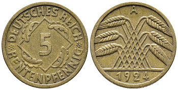 ГЕРМАНИЯ 5 РЕНТЕНПФЕННИГОВ 1924 A KM 32, J. 308 алюминиевая бронза 39-446
