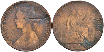 Великобритания 1/2 пенни 1862 Виктория (1837-1901) KM 748.2, Spink 3956 бронза 4561-516