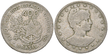 Бразилия 400 реалов 1901 MCMI, голова свободы вправо KM 505 медно-никель 4612-443