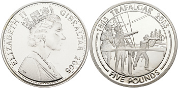 Гибралтар 5 фунтов 2005 Трафальгарское сражение, командование погоней серебро PROOF 1095-1-53