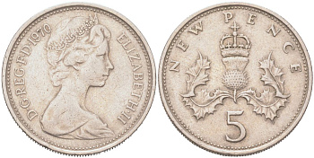 Великобритания 5 новых пенсов 1970 Елизавета II (1952-2022) KM 911, Spink D1 медно-никель 4128-344