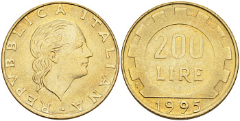 Италия 200 лир 1995 R, шестерня KM 105 алюминиевая бронза 4126-113