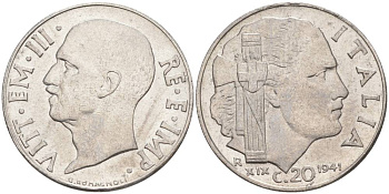 ИТАЛИЯ 20 ЧЕНТЕЗИМО 1941 R, ГОД XIX, ВИКТОР ЭММАНУИЛ III (1900-1946) KM 75b, VEM3. 1028 нержавеющая сталь 3853-726