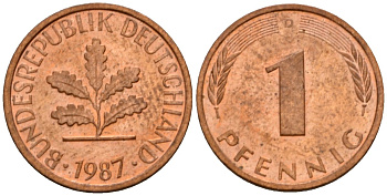 ФРГ 1 пфенниг 1987 D KM 105, J.380 сталь плакированная медью 4602-766