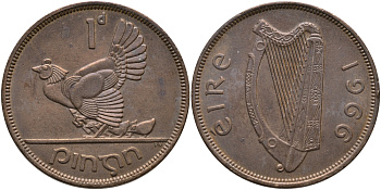 ИРЛАНДИЯ 1 ПЕННИ 1966 КУРИЦА С ЦЫПЛЯТАМИ KM 11 бронза 3457-242