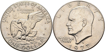 США 1 доллар 1977 D, Президент Эйзенхауэр, лунный орел KM А203 медь плакированная медно-никелем 4578-134