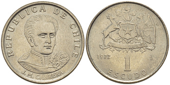 Чили 1 эскудо 1972 Хосе Мигель Каррера KM 197 медно-никель 4392-945