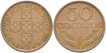 ПОРТУГАЛИЯ 50 СЕНТАВО 1974 KM 596 бронза 4513-1227
