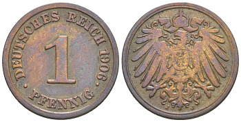 ГЕРМАНИЯ 1 ПФЕННИГ 1906 J KM 10, Jager. 10, Weege 2 медь 4528-1239
