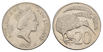 Новая Зеландия 20 центов 1987 Елизавета II (1952-2022), птичка киви KM 62 медно-никель 25-2444