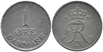 Дания 1 эре 1968 С; S, Фредерик IX (1947-1972) KM 839.2 цинк UNC 100-665
