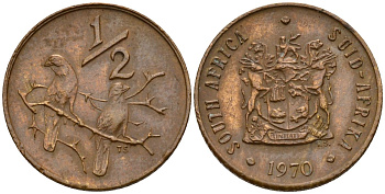 ЮАР 1/2 цента 1970 два капских воробья на ветке KM 81 бронза 4174-841