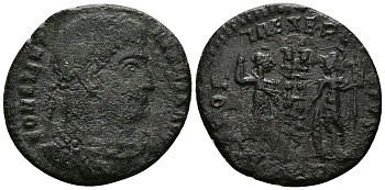 Римская Империя нуммий 330 - 333 Константин I Великий GLORIA EXERCITVS Августа Треверов Very fine (степень редкости R5) RIC 519 бронза 1073-6-61