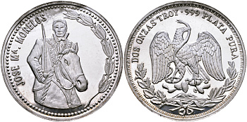 Мексика 2 унции ND ХОСЕ МАРИЯ МОРЕЛОС (JOSE MORELOS), диаметр 48 ММ., ВЕС ДВЕ ТРОЙСКИЕ УНЦИИ серебро PROOF 00-00