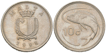 Мальта 10 центов 1998 золотая макрель KM 96 медно-никель aUNC 4516-126