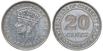 Британская Малайя 20 центов 1939 Георг VI (1937-1952) KM 5 серебро 53-424