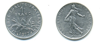 ФРАНЦИЯ 1 ФРАНК 1977 СЕЯТЕЛЬ KM 925.1, LE FRANC 226.22 никель 57-312