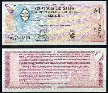 Аргентина, провинция Сальта 1 аустраль 1987 Pick S 2612e  бумага  UNC (пресс) 7202-28-3