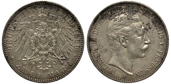 Пруссия 2 марки 1899 A, Вильгельм II (1888-1918) J.102, Weege 101, KM 522 серебро 3711-715