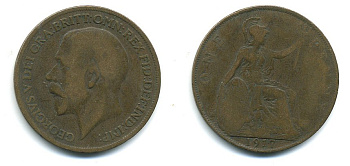 Великобритания 1 пенни 1917 Георг V (1910-1936) КМ 810, Spink 4051 бронза 4110-143
