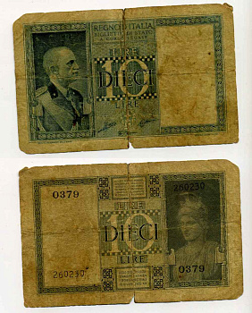 Италия 10 лир 1938 Король Виктор Эммануил III, Grassi, Porena, CollariI Pick 25b бумага 00-00