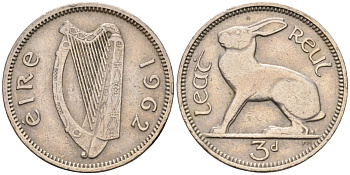 Ирландия 3 пенса 1962 заяц KM 12а медно-никель 4580-167