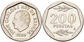 Испания 200 песет 1986 Хуан Карлос I KM 829 медно-никель 4582-647