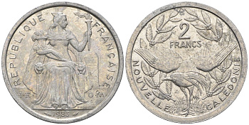 Французская Новая Каледония 2 франка 1983 птица кагу, (IEOM) KM 14, Schoen 11, Lec 63 алюминий    27-653