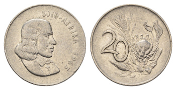 ЮАР 20 центов 1965 Ян ван Рибек (1619-1677), Suid Africa, легенда на африкаанс, цветок протея KM 69.2 никель 4693-653