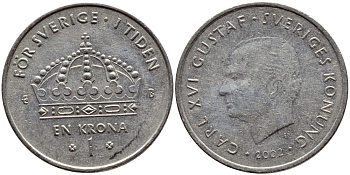 Швеция 1 крона 2002 Карл XVI Густав (1973- ) KM 894 медно-никель 4110-732
