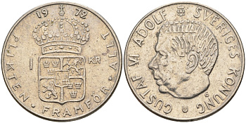 Швеция 1 крона 1972 U, Густав VI Адольф (1950-1973) KM 826a медь плакированный медно-никелем 4150-335