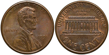 США 1 ЦЕНТ 1991 ЛИНКОЛЬН KM 201b цинк плакированный медью 3955-422
