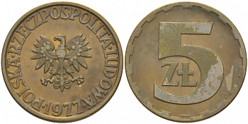 Польша 5 злотых 1977 монетный двор Ленинград (ЛМД) KM 81.1, Parchimowicz 221c латунь 3856-1054