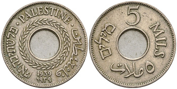 Израиль, Палестина 5 милсов 1939 британская администрация (1927-1948) KM 3 медно-никель    4154-415