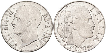 ИТАЛИЯ 20 ЧЕНТЕЗИМО 1941 R, ГОД XIX, ВИКТОР ЭММАНУИЛ III (1900-1946) KM 75b, VEM3. 1028 нержавеющая сталь 3853-1054