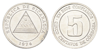 Никарагуа 5 сентаво 1974 год-тип KM 27 алюминий UNC 4666-743