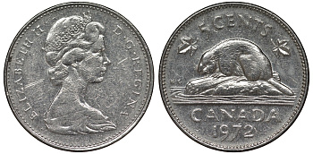 Канада 5 центов 1972 бобр, Елизавета II (1952-) KM 60.1 никель 4128-547