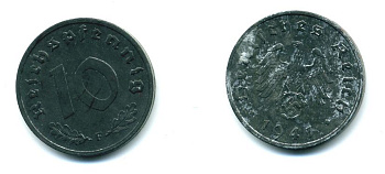 ГЕРМАНИЯ 10 РЕЙХСПФЕННИГОВ 1941 F J. 371, KM 101 цинк 46-2556