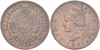 Аргентина 2 сентаво 1883 KM 33 бронза 4394-112