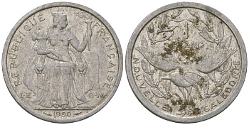 Французская Новая Каледония 1 франк 1990 птица кагу, (IEOM) KM 10, Schoen 10, Lec 50 алюминий 53-716