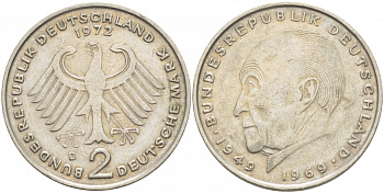 ФРГ 2 марки 1972 D, Конрад Аденауэр KM 124, J. 406 медно-никель плакированный никелем  3718-1054