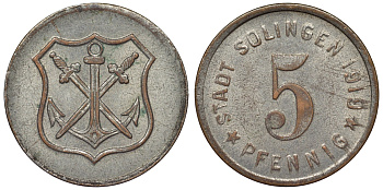 Германия, Золинген 5 пфеннигов 1919 Северный Рейн-Вестфалия, нотгельд Funck 508.6 железо 4119-922