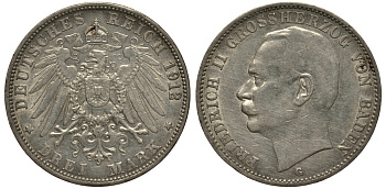 Баден 3 марки 1912 Фридрих II (1907-1918) J. 39, KM 280 серебро    3711-1731