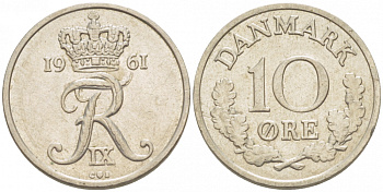 ДАНИЯ 10 ЭРЕ 1961 C; S, ФРЕДЕРИК IX (1947-1972) KM 849.1 медно-никель 3718-343