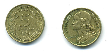 ФРАНЦИЯ 5 САНТИМОВ 1968 ТИП MARIANNE KM 933, LE FRANC 125.4 алюминиевая бронза 84-1529