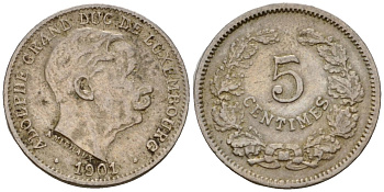 Люксембург 5 сантимов 1901 герцог Адольф (1890-1905) KM 24 медно-никель 4602-338